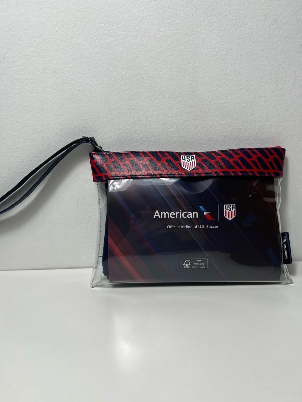American Airlines FIFA Team USA World Cup Amenity Kit Clear Wristlet Bag Purse
